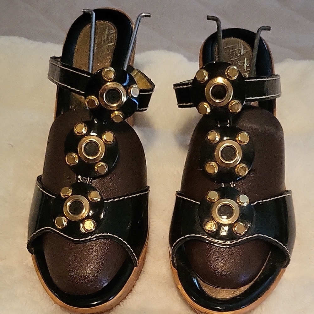 Black Leather Sandals with Gold Flower Accents
